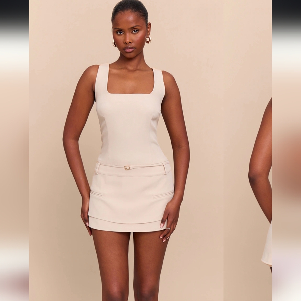 PrettyLittleThing Beige Woven Belt Detail Skort Romper- 10